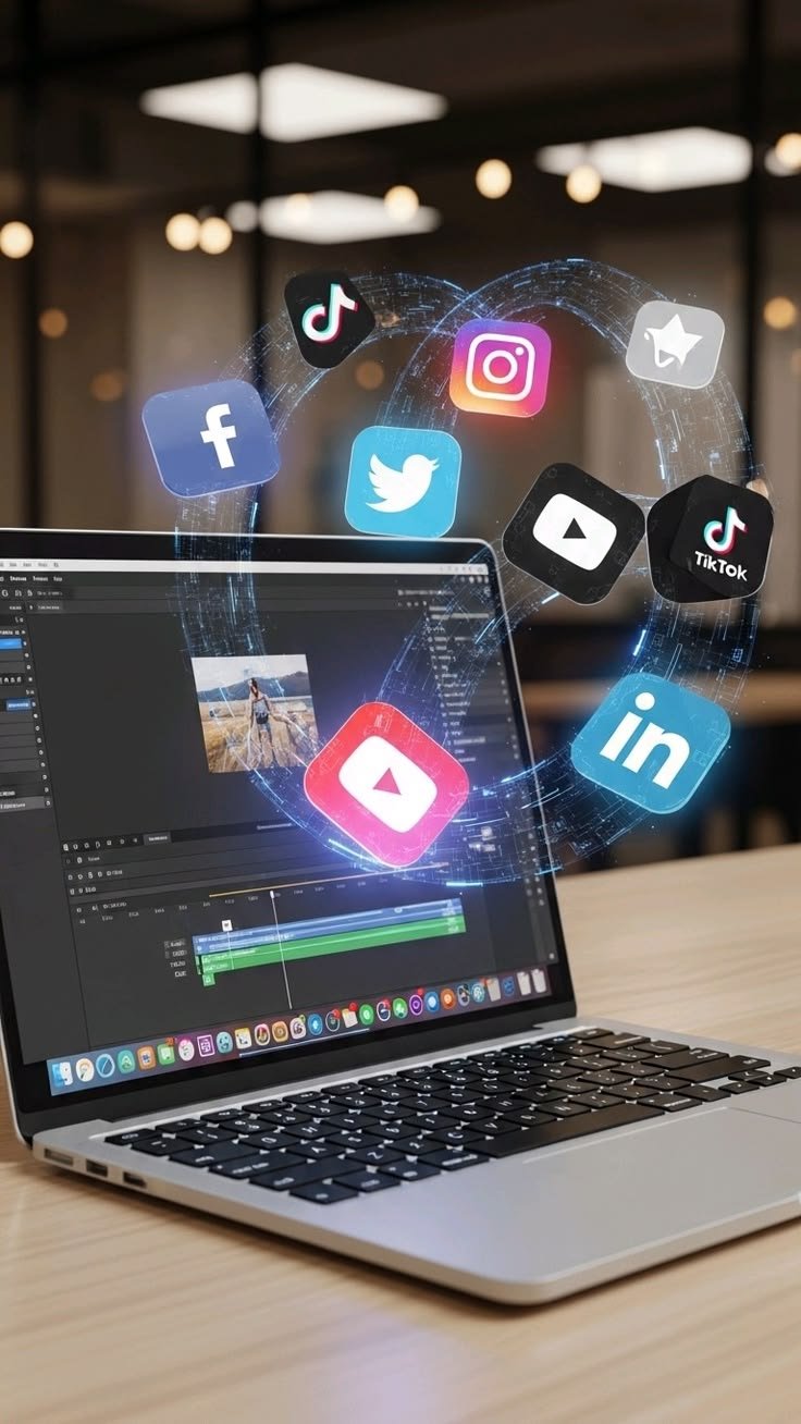 on laptop screen social media icons